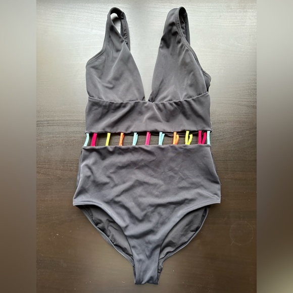 Peixoto Other - Peixoto Black Colorful MidBody Cut Out V Neck One Piece Swimsuit size Medium EUC
